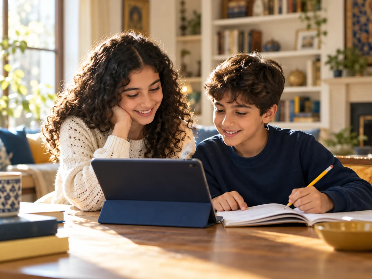 Two children learning together on a tablet in a comfortable home setting
